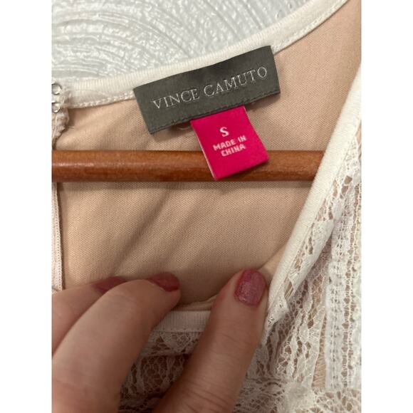 Vince Camuto Dress Cream & Tan Underlay Lace Drop Waist Midi Sleeveless Size S - Picture 5 of 10